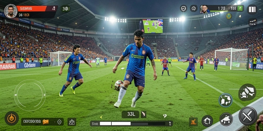Tampilan gameplay seru dalam pertandingan sepak bola.