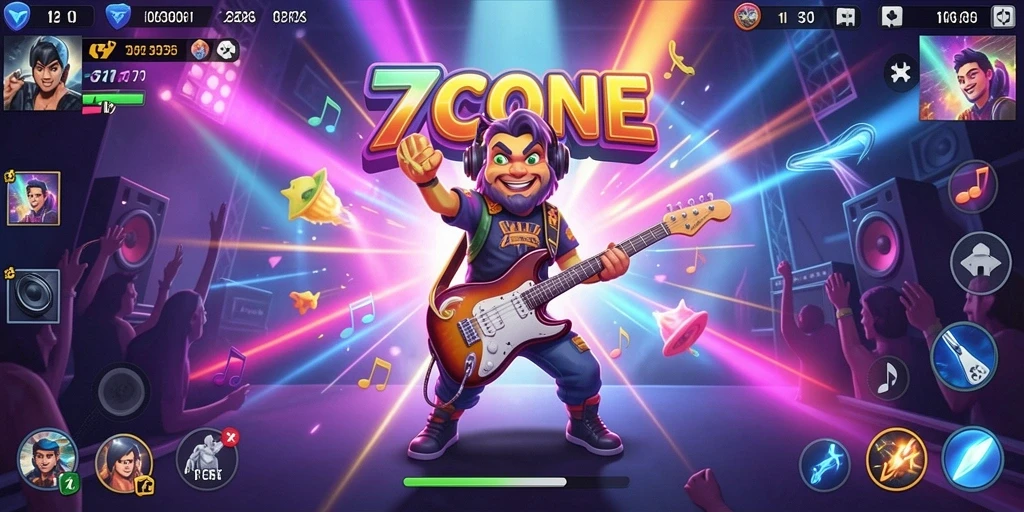 Tampilan gameplay utama 7CONE dengan efek visual musik.