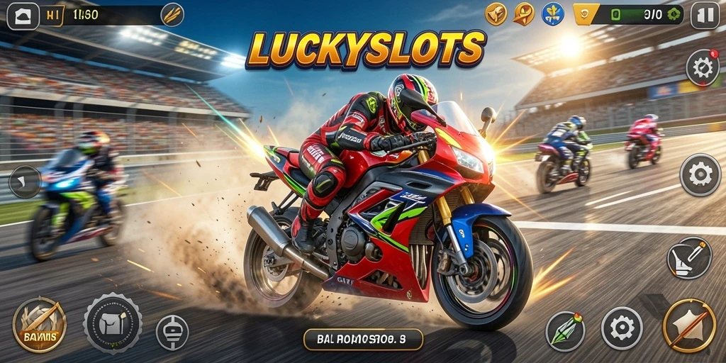 Screenshot gameplay <strong>LUCKYSLOTS</strong> menunjukkan aksi balap motor yang menegangkan.