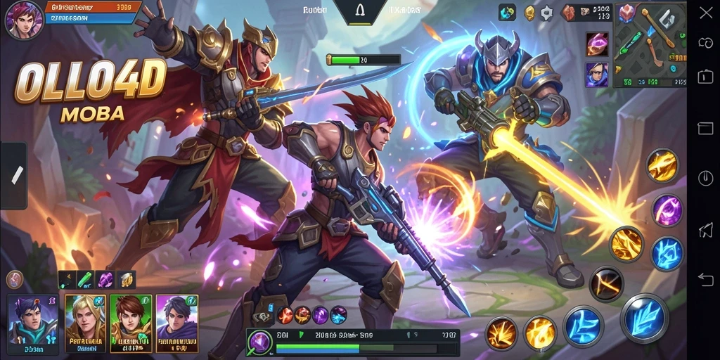 Screenshot gameplay MOBA di OLLO4D menunjukkan aksi heroik di medan perang.