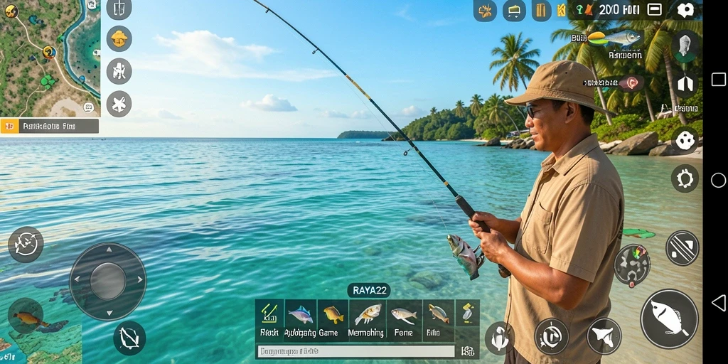 Screenshot gameplay RAYA22 menampilkan aksi memancing yang seru dan menantang.