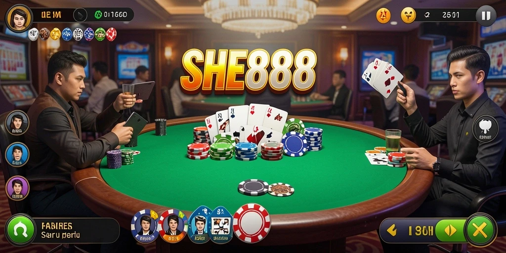 Screenshot gameplay SHE888 menampilkan aksi seru permainan Poker.