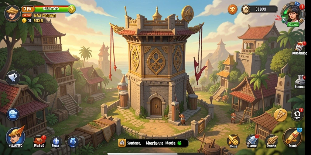 Screenshot gameplay SULTANTOTO menampilkan aksi menara pertahanan yang dinamis.
